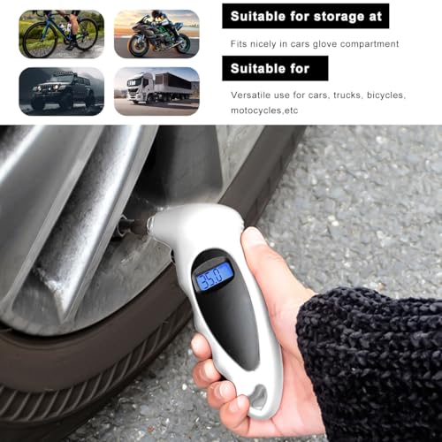 Digital Tire Pressure Gauge, 150PSI 4 Settings High Accuracy Tire Gauge with Backlit LCD and Non-Slip Grip, Easy to Read Air Pressure Gauge for Cars, Trucks and Bicycles (Silver) - color: Silver