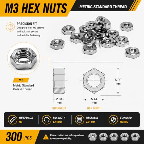 300Pcs M3 Hex Nuts, 304 Stainless Steel Hardware Nuts, Full Thread Hex Drive, for Electronics, 3D Printers, Small Appliances - size: M3 (300 pcs)