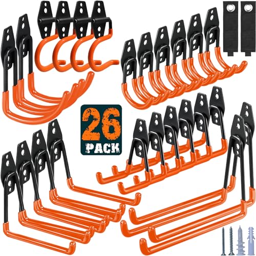 HUPBIPY 26 Pack Garage Hooks Heavy Duty, Wall Mount Ladder Hooks | Storage Organizer With a non-slip coating for Hanging Bicycles Garden Tools Ladders Hoses Ropes and Loose Items(Orange) - color: 26 Pack Orange