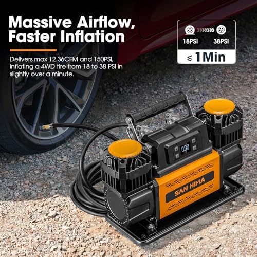 SanHima 12V Air Compressor, 150 PS Dual Cylinder Portable Tire Inflator - size: 12.36 CFM