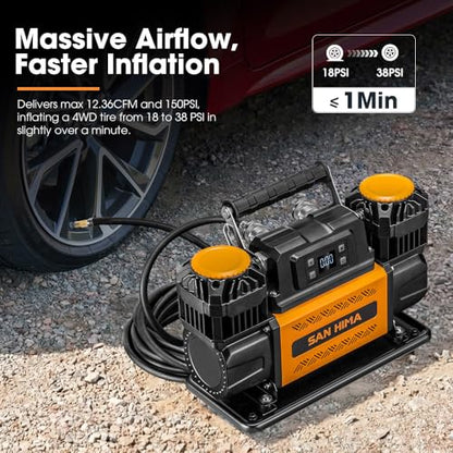 SanHima 12V Air Compressor, 150 PS Dual Cylinder Portable Tire Inflator - size: 12.36 CFM