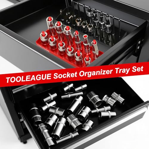 TOOLEAGUE 9Pcs Socket Organizer Tray and Magnetic Wrench Holder Set,Red SAE & Black Metric, 1/2", 1/4", 3/8" Socket Storage Trays for Tool Box Drawer - size: 9pcs