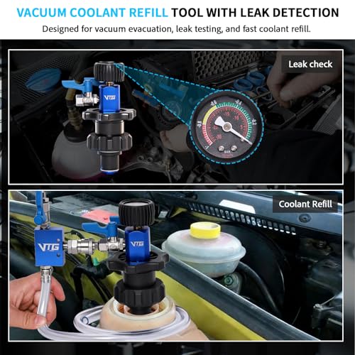 VTG VOGTEN Coolant Vacuum Refill Kit,15PCS Vacuum Coolant Fill Kit with Leak Detector,6 Adapters,Cooling System Vacuum Fill Tool with Dual-Movement Gauge,for Pressure Testing,Leak Detection