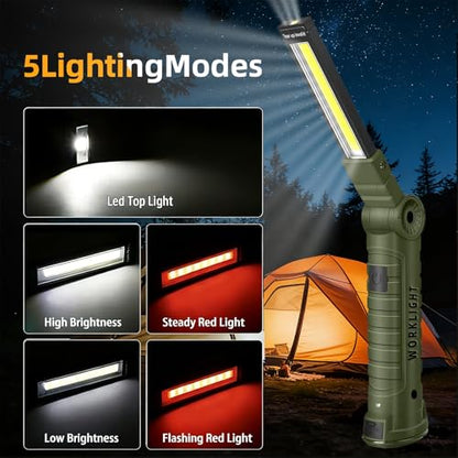 LED Work Light Rechargeable Flashlight, Tool Gifts for Fathers Day Dad Hubby Men Him Husband Mechanic Torch Grill Light Inspection Lamp Magnetic Base 5 Modes 360° Rotate Car Emergency Repair Green - color: Green