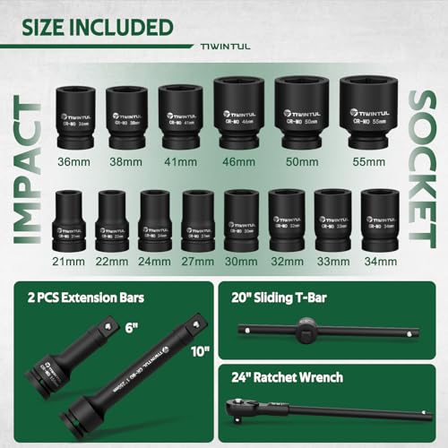 1 Inch Drive Impact Socket Set for Truck, Excavator, 21-55mm,CR-MO | 18 Pcs Metric Heavy Duty Socket Set with 24" Ratchet Wrench, Sliding T-Bar & Extension Bars for Construction Equipment Repair - size: 18 PCS