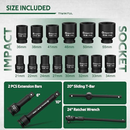 1 Inch Drive Impact Socket Set for Truck, Excavator, 21-55mm,CR-MO | 18 Pcs Metric Heavy Duty Socket Set with 24" Ratchet Wrench, Sliding T-Bar & Extension Bars for Construction Equipment Repair - size: 18 PCS