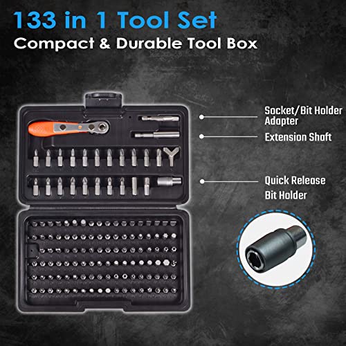 GreaTalent 133in1 Mini Ratchet Wrench Screwdriver Bit Set with 1/4" Hex Shank Phillips/Pozidriv/Hexagon/Torx/Slotted/Square Bits, 36-Tooth Gear, Magnetic Bit Holder, 90 Degree Drive Handle