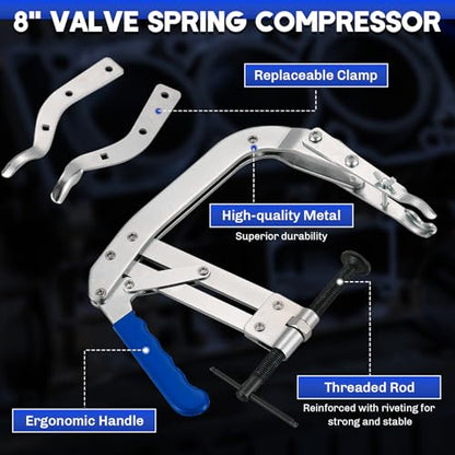 Universal 8-inch Valve Spring Compressor Tool | Automotive Engine Valve Spring Removal Tool Compatible with Small and Medium OHV Engines, Includes Replaceable Clamps