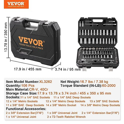 VEVOR Socket Set, 1/4" and 3/8" Drive Socket and Ratchet Set, 6-Point Socket Opening, 106 Pcs Tool Set SAE and Metric, Deep and Standard Sockets, 5/32-1 in, 5-19 mm, with Accessories, Storage Case - size: 1/4"&3/8", style: 106 PCS