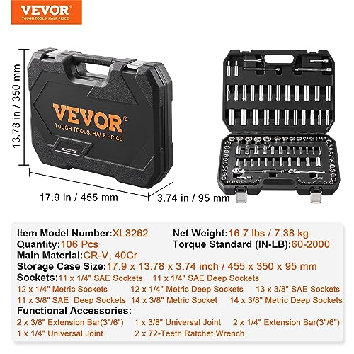 VEVOR Socket Set, 1/4" and 3/8" Drive Socket and Ratchet Set, 6-Point Socket Opening, 106 Pcs Tool Set SAE and Metric, Deep and Standard Sockets, 5/32-1 in, 5-19 mm, with Accessories, Storage Case - size: 1/4"&3/8", style: 106 PCS