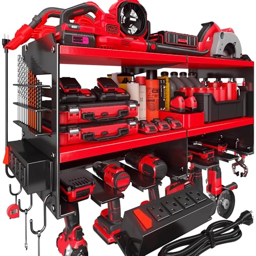 Spampur Fathers Day Gift – Power Tool Organizer Wall Mount with Charging Station, 420 lb Capacity 3-Tier Storage Rack Holds 6 Drills, Side Slots for Screwdrivers & Bits, Garage Storage for Men Gifts - color: Red, size: 6 Slots