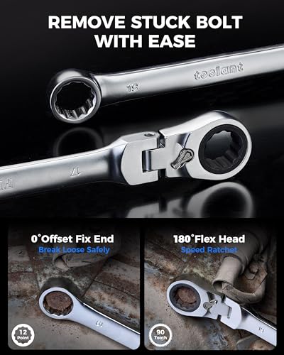 toolant 25pcs Ratcheting Wrench Set, Reversible Flex Head & Offset Head Double Box-End Ratcheting Wrench Set, 8-19mm & 1/4"-7/8" Set, 90-Teeth and 4° Swing, with Storage Tray - size: 25PCS 8-19mm & 1/4-7/8"