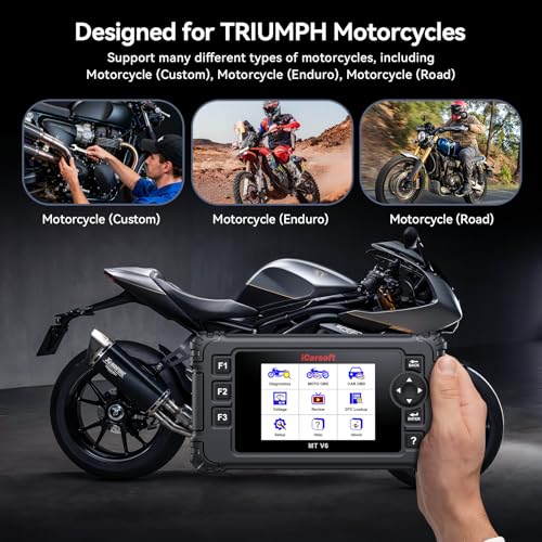 iCarsoft MT V6 for Triumph Motorcycle Full System Diagnostic Scan Tool Motorbike, Car 2-in-1 OBD2 Scanner Code Reader Up to 53 Services and 55 Bidirectional Tests Battery Test Lifetime Free Update
