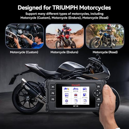iCarsoft MT V6 for Triumph Motorcycle Full System Diagnostic Scan Tool Motorbike, Car 2-in-1 OBD2 Scanner Code Reader Up to 53 Services and 55 Bidirectional Tests Battery Test Lifetime Free Update