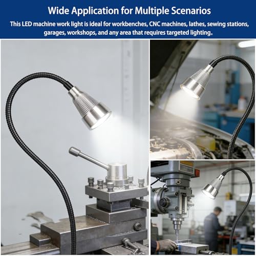 Magnetic LED Machine Work Light, Adjustable Task Light for Lathe | Gooseneck, Plug-in, for Workbench, Drill Press, Machine Tools, Job Site