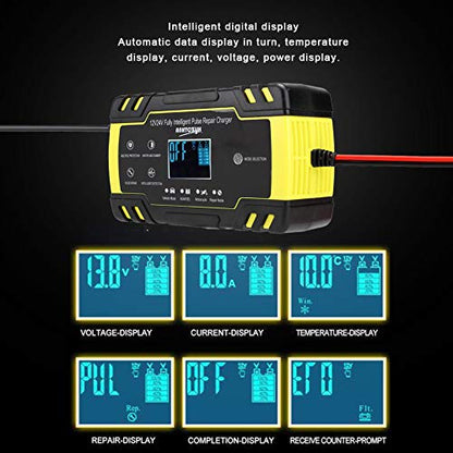 Smart Battery Charger Maintainer for Car, 110-240V(Input) 12V/8A 24V/4A (Output) Automotive Battery Charger with LCD Digital Display for Truck AGM Motorcycle Charger or Repair