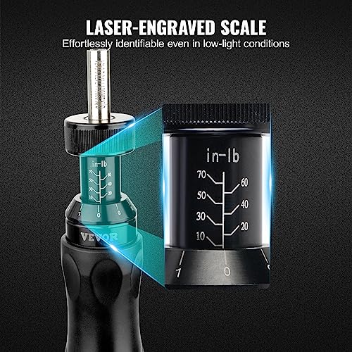VEVOR 1/4" Drive Screwdriver Torque Wrench with Scale, 10-70 in/lbs Torque Range, 1 in-lbs Torque Increment Torque Screwdriver with Bits & Case - size: Pro 10-70 in-lb