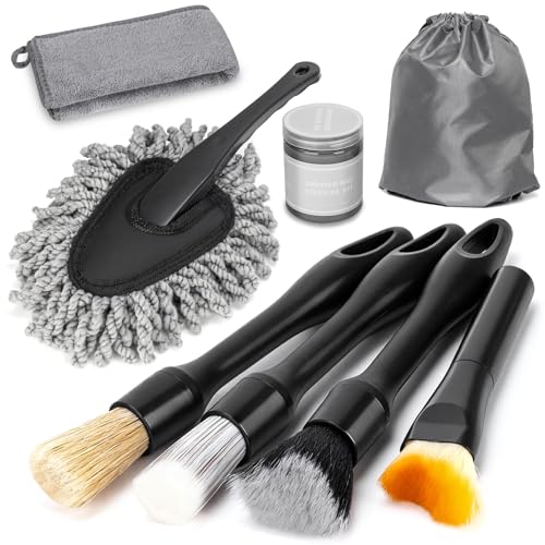 8PCS Car Detailing Brush Set, Interior Car Cleaning Kit with Dash Duster, 4 Detailing Brushes (Soft to Hard), Microfiber Towel, Cleaning Gel, for Vents, Dashboard & Leather Seats - color: Gray