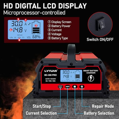 LVYUAN 30Amp Smart Car Battery Charger, 12V/24V Automotive Charger, Lead-Acid Battery, LiFePO4 Battery Maintainer with LCD Display, Trickle Charger, for Lawn Mower, Motorcycle, AGM, STD, Gel, EFB,etc