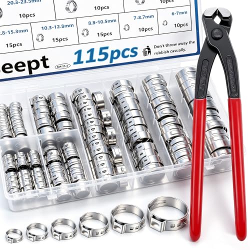 115Pcs 10-Sizes 304 Stainless Steel Single Ear Hose Clamps with Ear clamp plier 6-28.6mm Crimp Hose Clamps Assortment Kit for Auto/Home Appliance/Pipe/Fuel Line Stepless hose clamp with pincer - color: Silver, size: 6-28.6mm 115pcs
