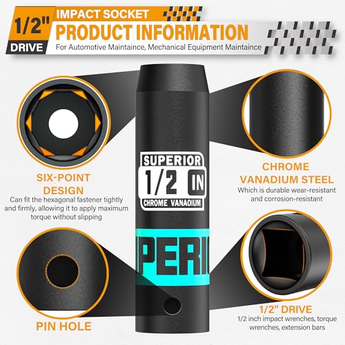 1/2" Drive Impact Socket, 1/2 inch Deep Socket, SAE, 6 Point, CR-V, for Car Repair, Loosen the Fastening Nut - size: 1/2" Drive 1/2 Inch Deep
