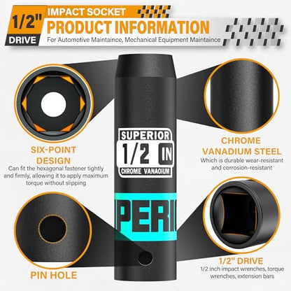 1/2" Drive Impact Socket, 1/2 inch Deep Socket, SAE, 6 Point, CR-V, for Car Repair, Loosen the Fastening Nut - size: 1/2" Drive 1/2 Inch Deep