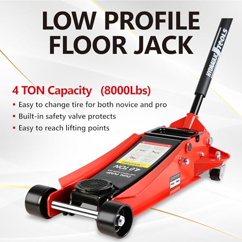 4T Low Profile Steel Floor Jack, 8000 lb, Dual Pump, 4"-21" Lift, Red | Heavy-duty steel, dual-piston quick lift, low profile, 4"-21" range, overload safety protection. - size: 4T Dual Pump 4"-21"(Red)
