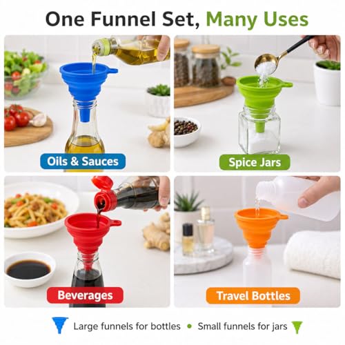 Collapsible Silicone Kitchen Funnels, 4 Pack Food Grade Foldable Funnel Set, 2 Small & 2 Large Funnels for Bottles, Oil, Spice Jars, Liquid Transfer, Dishwasher Safe
