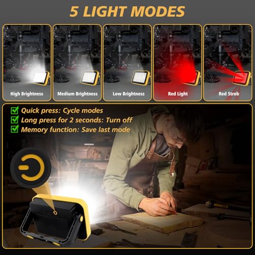AUMIO 2-Pack Rechargeable LED Work Light, Portable Flood Light with 5 Modes | 3000LM Brightness | USB-C Rechargeable | Foldable Stand | Wide Floodlight Beam | Ideal for Garage & Camping - color: COB 2-Pack