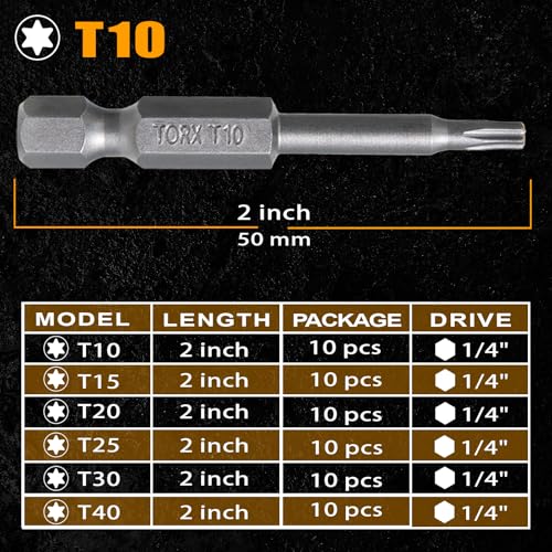 2 Inch T10 Torx Bits, S2 Steel Star Screwdriver Bits, 1/4" Hex Shank, CNC Precision Tips, 10-Pack in Slide-Out Storage Case, Impact Driver/Drill Compatible - size: T10