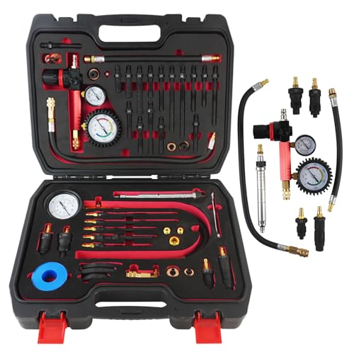 46PCS Engine Compression Testers, Petrol Diesel Cylinder Leak Down | Compression and Leakage Test Kit, Dual Gauge Engine Compression Tester Kit for HDi, TDCi, Pumpe Duse Engine