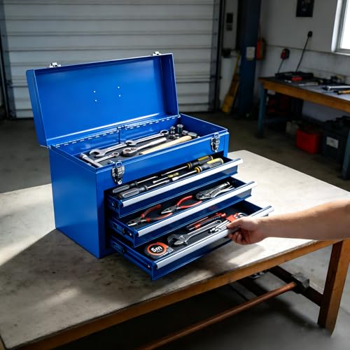 TCE 3 Drawer 20.5" Portable Metal Tool Box: Ball-Bearing Slides and 2 Metal Latches for Secure Closure in Garage, Home or Workbench, Blue - size: 20.5 inch