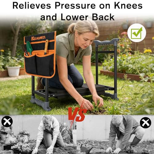 Garden Kneeler and Seat with Umbrella, 2-in-1 Foldable Gardening Stool with Adjustable Bracket, Detachable Tool Bags, Heavy Duty Kneeling Pad for Gardening (Black Orange) - color: Black & Orange