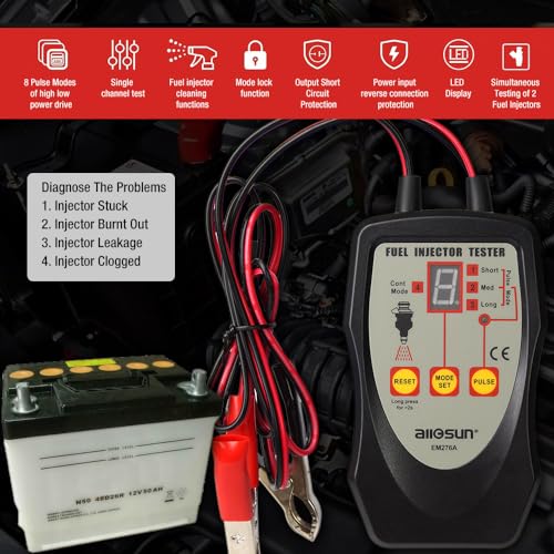 allsun Fuel Injector Tester & Cleaner 4 Pulse Mode Diagnostic Tool with Mode-Lock, Universal 12V Autom Injector Tester Kit, LED Indicator Quick Test Stuck/Leaking/Burnt Injectors for Gasoline Only