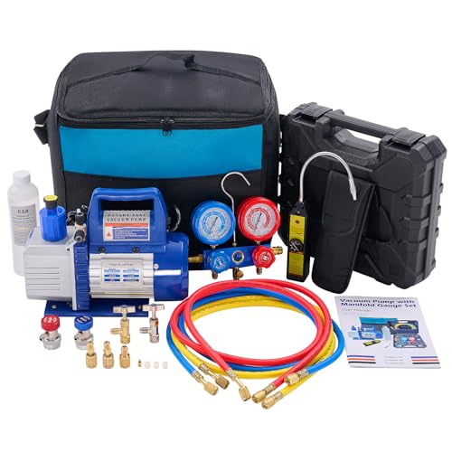 OLIXIS 110V 1/3 HP 4CFM Single Stage Vacuum Pump Kit with R134a Manifold Gauge Set, Leak Detector, 1/4" Hoses & Carry Bag for HVAC AC Refrigeration, ETL Listed, Blue