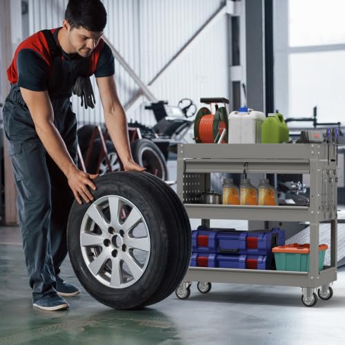 3 Tier Rolling Cart, Heavy Duty Utility Industrial Service Carts on Wheels, Metal Tool Cart with Locked Drawers, Ideal for Garage, Warehouse and Repair Shop (Grey) - color: Gray