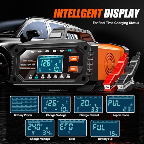 2026 Upgraded 0.5/2/5/10/15/20Amp Adjustable Current Battery Charger, 12V/24V Smart Car Battery Trickle Charger Maintainer w/Auto Shutoff, Desulfator, for LiFePO4 AGM, STD, Gel, Deep Cycle Batteries