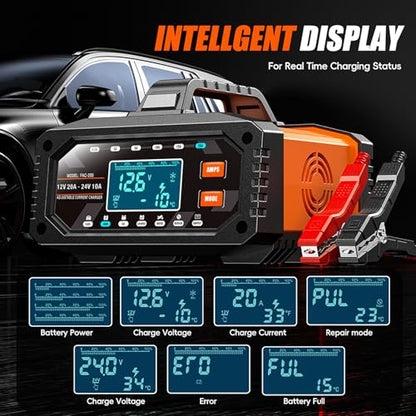 2026 Upgraded 0.5/2/5/10/15/20Amp Adjustable Current Battery Charger, 12V/24V Smart Car Battery Trickle Charger Maintainer w/Auto Shutoff, Desulfator, for LiFePO4 AGM, STD, Gel, Deep Cycle Batteries