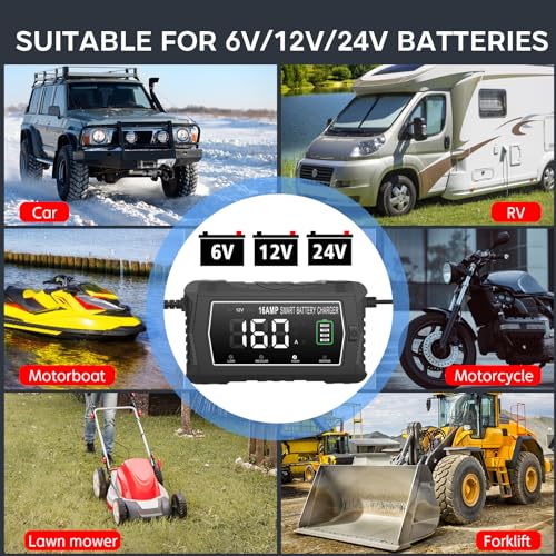 lifepo4 Charger 16-Amp Fully-Automatic Maintain,6V/12V/24V Lead-Acid(AGM/Gel/SLA)/Lithium lron LiFePO4 Trickle Charger,Pulse Repair Car Battery Charger,Deep Cycle