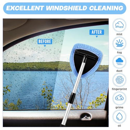 Potchen 8 Pcs Car Windshield Cleaner Tool Kit with Extendable Handle, Microfiber Towel Pads, Brush, Empty Spray Bottle for Auto Glass Wiper Suvs Rvs & Home Windows(Light Blue) - color: Light Blue