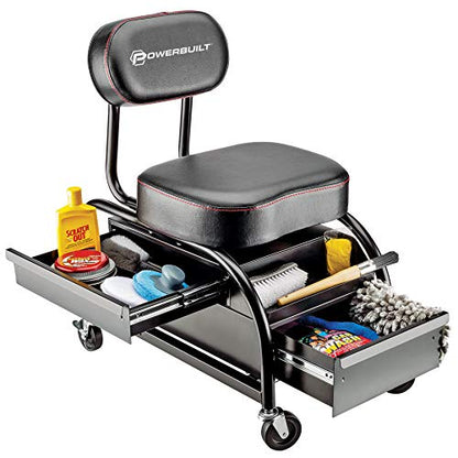 Powerbuilt Professional Car Detailers Mechanics Roller Seat, Heavy Duty Garage Stool with Thick Padded Seat and Backrest, 2 Sliding Storage Drawers, Tool Tray, Can Holders, 3in. Swivel Casters–240299 - style: Heavy Duty