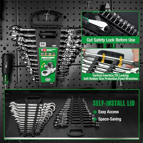SK Flex-Head Ratcheting Wrench Set, Combination Wrench Set, 13-Piece, SAE 1/4" to 1", 72-Tooth, Premium CR-V Construction, with Rack Organizer - size: SAE