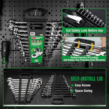 SK Flex-Head Ratcheting Wrench Set, Combination Wrench Set, 13-Piece, SAE 1/4" to 1", 72-Tooth, Premium CR-V Construction, with Rack Organizer - size: SAE
