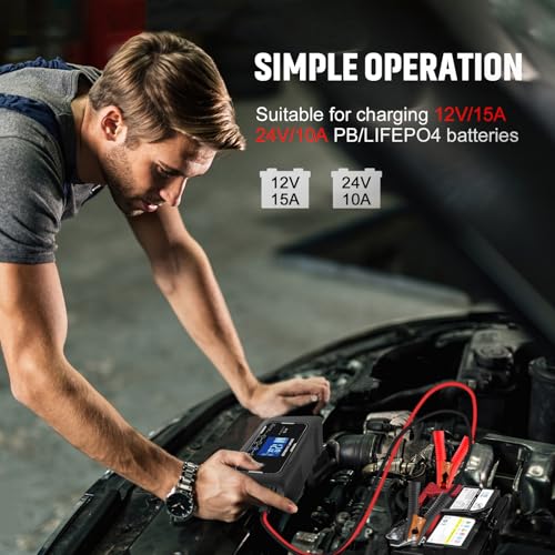 Car Battery Charger, 12V/24V 15A Lead-Acid LiFePO4 Smart Battery Charger | Fast Battery Charger for Lead-Acid(AGM/Gel/SLA/EFB) and LiFePO4, Trickle Charger Maintainer for Car, Motorcycle and More