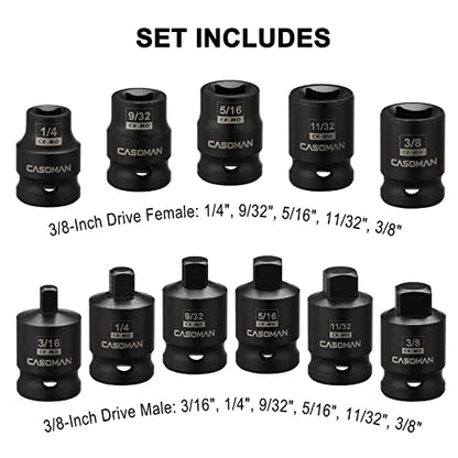 CASOMAN 3/8-inch Drive Pipe Plug Socket Set, SAE, CR-MO, Tapered Male Square Drive, Chamfered Female Square Drive,11 Pieces Set - size: 3/8"Dr.