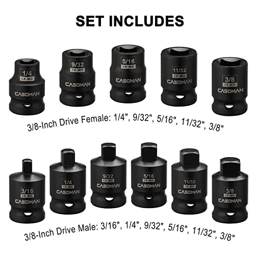 CASOMAN 3/8-inch Drive Pipe Plug Socket Set, SAE, CR-MO, Tapered Male Square Drive, Chamfered Female Square Drive,11 Pieces Set - size: 3/8"Dr.