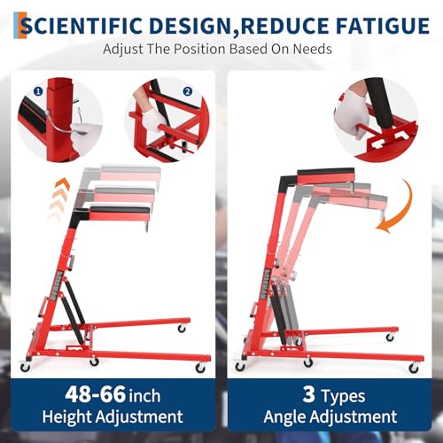 DEXSO Topside Automotive Engine Creeper - 400LBS Capacity, Adjustable Height 48"-66", Foldable Design with 6 Swivel Casters, Thickened Cushion & Tool Pouch (Red) - color: Red