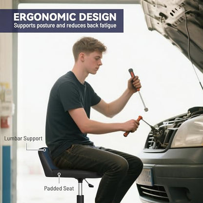 HOMCOM Rolling Mechanic Stool 300 LBS Capacity, Backrest 360° Wheels Blue | Pneumatic Creeper Garage Stool, Heavy Duty Roller Seat, Padded Shop Chair, Tool Tray Storage, Adjustable Height - color: Blue
