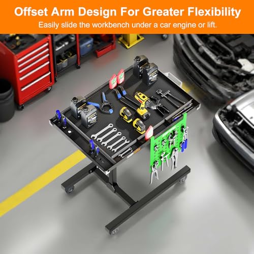 Adjustable Height Mobile Work Table with Rolling Wheels | Rolling Tray Table, For Mechanics, Garages, Repair Shops, Warehouse, Workshop, DIY