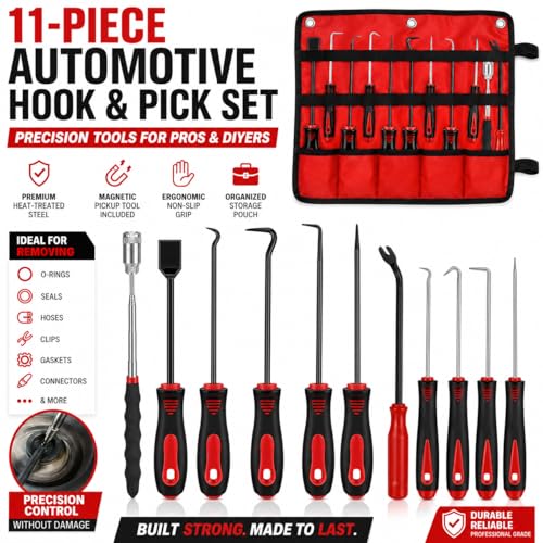 11-Piece Automotive Hook and Pick Set – Precision Pick Tool Kit with Magnetic Pickup Tool, Trim Remover & Storage Pouch for O-Rings, Seals, Hoses, Clips and Auto Repair